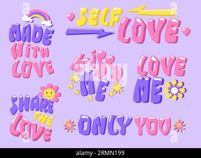 Adesivi con lettere hippie sull'amore. Illustrazione Vettoriale