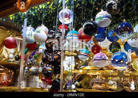 Christmas baubles and decorations at the Christmas market in Sibiu, Romania Stock Photo