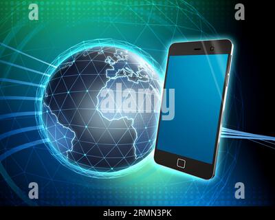 Smartphone con un background tecnologico avanzato. Illustrazione 3D. Foto Stock