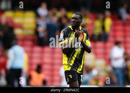 WATFORD, UK - 27th Aug 2023:  Ken Sema of Watford applauds the fans after the Sky Bet Championship match between Watford and Blackburn Rovers at Vicar Stock Photo