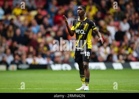 WATFORD, Regno Unito - 27 agosto 2023: Yaser Asprilla di Watford reagisce durante il match per il Sky Bet Championship tra Watford e Blackburn Rovers a Vicarage Foto Stock