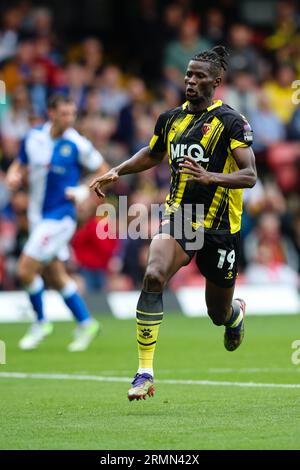 WATFORD, Regno Unito - 27 agosto 2023: Vakoun Bayo di Watford durante il match per lo Sky Bet Championship tra Watford e Blackburn Rovers a Vicarage Road (CR Foto Stock