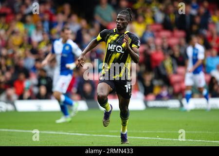 WATFORD, Regno Unito - 27 agosto 2023: Vakoun Bayo di Watford durante il match per lo Sky Bet Championship tra Watford e Blackburn Rovers a Vicarage Road (CR Foto Stock