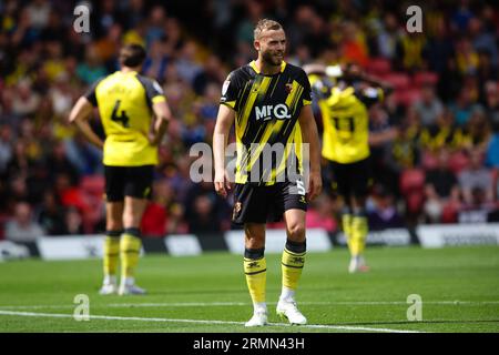 WATFORD, Regno Unito - 27 agosto 2023: Ryan Porteous di Watford guarda durante lo Sky Bet Championship match tra Watford e Blackburn Rovers a Vicarage Foto Stock