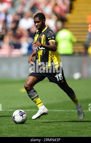 WATFORD, Regno Unito - 27 agosto 2023: Yaser Asprilla di Watford in azione durante il match per lo Sky Bet Championship tra Watford e Blackburn Rovers a Vicara Foto Stock