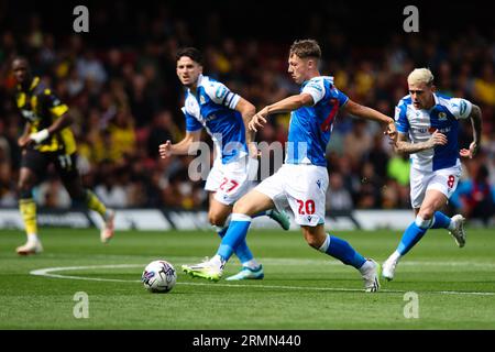 WATFORD, Regno Unito - 27 agosto 2023: Harry Leonard dei Blackburn Rovers in azione durante il match per lo Sky Bet Championship tra Watford e Blackburn Rovers A. Foto Stock