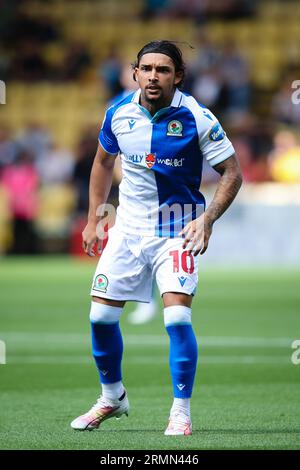 WATFORD, Regno Unito - 27 agosto 2023: Tyrhys Dolan dei Blackburn Rovers durante il match per il titolo Sky Bet tra Watford e Blackburn Rovers a Vicarage Foto Stock