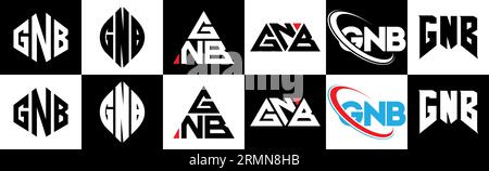 Logo GNB Letter in sei stili. Poligono GNB, cerchio, triangolo, esagonale, stile semplice e piatto con logo lettera di variazione di colore bianco e nero Illustrazione Vettoriale