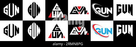 Logo GUN Letter in stile sei. Poligono PISTOLA, cerchio, triangolo, esagonale, stile piatto e semplice con logo lettera di variazione di colore bianco e nero Illustrazione Vettoriale