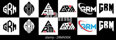 Logo GRM Letter in sei stili. Stile GRM poligono, cerchio, triangolo, esagonale, piatto e semplice con logo lettera di variazione di colore bianco e nero Illustrazione Vettoriale
