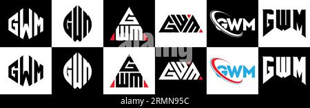 Design con logo GWM Letter in sei stili. Poligono GWM, cerchio, triangolo, esagonale, stile semplice e piatto con logo lettera di variazione colore bianco e nero Illustrazione Vettoriale