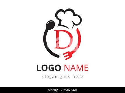 Logo Letter D con cappello da chef, cucchiaio e forchetta per il logo del ristorante. Moderno logo vettoriale per caffè, ristoranti, aziende di cucina e identità aziendale Illustrazione Vettoriale