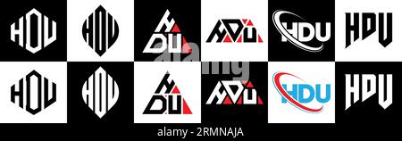 Logo HDU Letter in sei stili. Poligono HDU, cerchio, triangolo, esagonale, stile semplice e piatto con logo lettera di variazione di colore bianco e nero Illustrazione Vettoriale