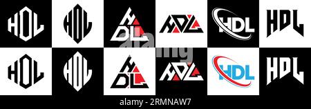 Logo HDL Letter in sei stili. Poligono HDL, cerchio, triangolo, esagonale, stile semplice e piatto con logo lettera di variazione di colore bianco e nero Illustrazione Vettoriale