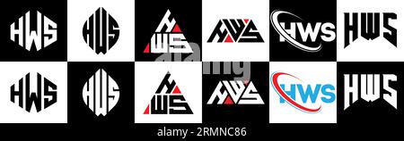 Logo HWS Letter in sei stili. Poligono HWS, cerchio, triangolo, esagono, stile piatto e semplice con logo lettera di variazione di colore bianco e nero Illustrazione Vettoriale