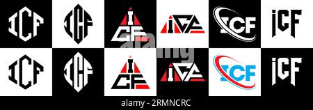 Logo ICF Letter in sei stili. Poligono ICF, cerchio, triangolo, esagonale, stile piatto e semplice con logo lettera di variazione di colore bianco e nero Illustrazione Vettoriale