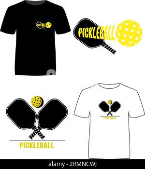 Design con due logo Pickle Ball e applicazione nelle T-shirt Illustrazione Vettoriale