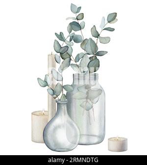 Set di candele bianche per eucalipto, bouquet in vaso. Illustrazione di pittura a mano ad acquerello su sfondo bianco isolato. Clipart. Aromaterapia e. Foto Stock