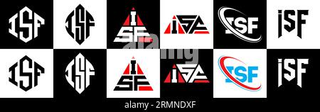 Logo ISF Letter in sei stili. Poligono ISF, cerchio, triangolo, esagono, stile piatto e semplice con logo lettera di variazione di colore bianco e nero Illustrazione Vettoriale