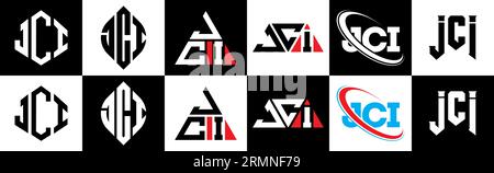 Logo JCI Letter in sei stili. Poligono JCI, cerchio, triangolo, esagonale, stile semplice e piatto con logo lettera di variazione di colore bianco e nero Illustrazione Vettoriale