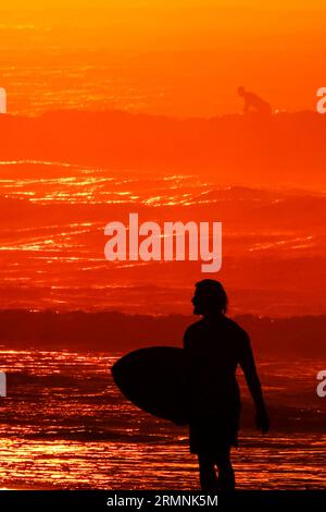 Isola di Palms, Stati Uniti. 29 agosto 2023. Un surfista controlla le condizioni delle onde prima di unirsi ad altri all'alba, poiché l'insolita azione delle onde causata dal passaggio dell'uragano Franklin ha attirato grandi gonfiore, il 29 agosto 2023 a Isle of Palms, Carolina del Sud. L'uragano Franklin, una tempesta di mostri di categoria 4 si dirige alle Bermuda, mentre l'uragano Idalia dovrebbe sorvolare giovedì. Crediti: Richard Ellis/Richard Ellis/Alamy Live News Foto Stock