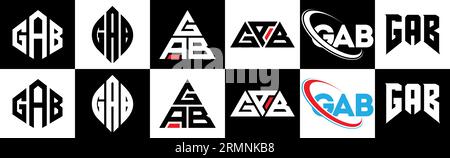 Logo GAB Letter in sei stili. Poligono GAB, cerchio, triangolo, esagono, stile piatto e semplice con logo lettera di variazione di colore bianco e nero Illustrazione Vettoriale
