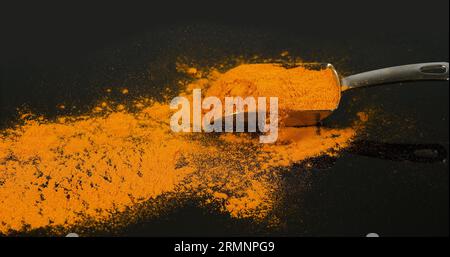 Curcuma, curcuma longa, polvere che cade su sfondo nero, Indian Spice Foto Stock