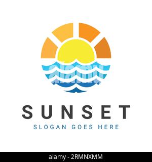 Logo Sunset Design Sun con logotipo Waves Illustrazione Vettoriale