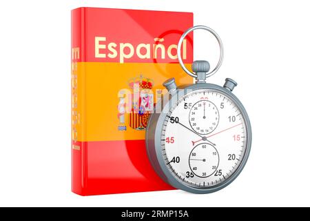 Libro di testo in lingua spagnola con cronometro. Corsi accelerati di lingua spagnola, rendering 3D isolato su sfondo bianco Foto Stock