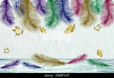 immagine 3d di piume colorate su sfondo di marmo blu per la stampa digitale di sfondo, carta da parati dal design personalizzato Foto Stock