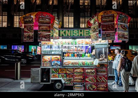 New York City è rinomata per la sua vivace scena di Street food e i food truck giocano un ruolo significativo nell'offrire opzioni culinarie diverse e deliziose Foto Stock