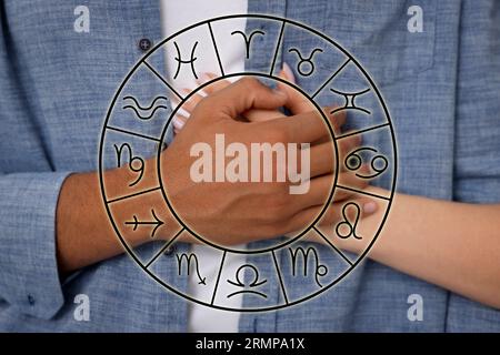 Relazioni e oroscopo. Ruota zodiacale e foto di uomo e donna che si tengono per mano, primo piano Foto Stock