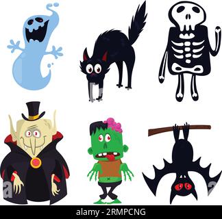 Cartoni animati divertenti personaggi di Halloween. Illustrazione Vctor di mostro fantasma vampiro pipistrello gatto nero e mietitore triste Illustrazione Vettoriale