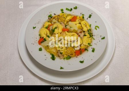 Tradizionale zuppa italiana di tortellini (capeletti, agnolini) con pollo e verdure, zuppa speciale per serate fredde Foto Stock