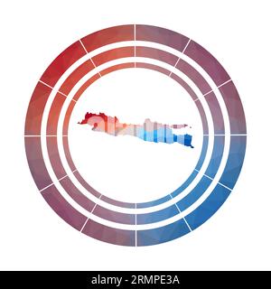 Badge Java. Logo dell'isola sfumato brillante in stile polietilene basso. Simbolo tondo Java multicolore con mappa in stile geometrico per la vostra infografica. Illustrazione Vettoriale