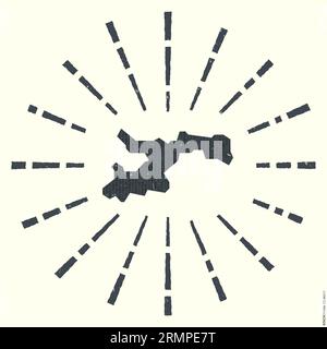 Logo di Norman Island. Poster per le esplosioni di sole grunge con mappa dei bordi. Forma dell'isola normanna piena di cifre esagonali con raggi solari intorno. Vettore attraente Illustrazione Vettoriale