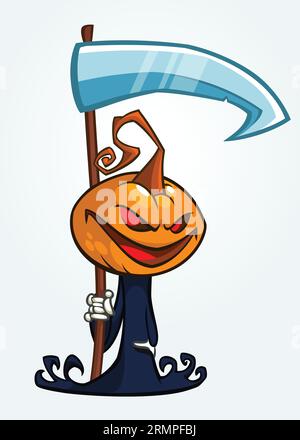 Grim reaper personaggio dei cartoni animati a testa di zucca con falce. Disegno illustrativo della lanterna di Halloween per l'invito alla festa o il poster. Spaventapasseri vettoriali Illustrazione Vettoriale