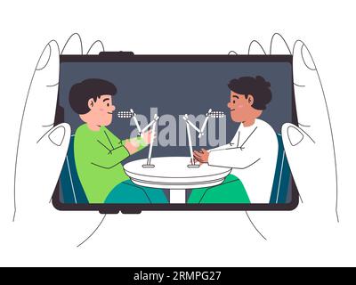 smartphone che guarda il podcast intervista conversazione a due mani che regge lo schermo del dispositivo illustrazioni in linea piatta Illustrazione Vettoriale