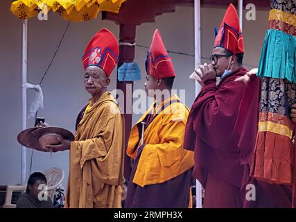Monk suona una tromba di conchiglia di dung dkar al festival Takthok Tsechu, Sakti, Ladakh, India Foto Stock