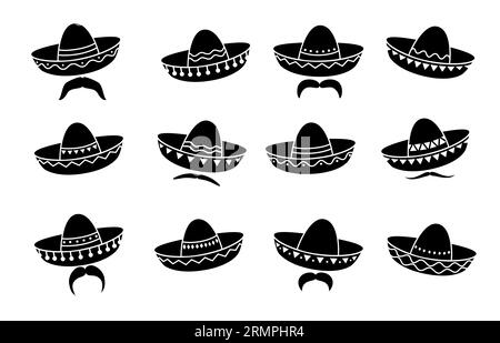Cowboy messicano charro o musicista mariachi sombrero, icone di cappelli e baffi, set vettoriale monocromatico isolato, che rappresenta i simboli tradizionali dei messicani Illustrazione Vettoriale