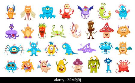 Cartoni animati, simpatici e divertenti personaggi mostri. Batteri carini, insetti o insetti alieni, pipistrelli spaventosi, granchi, polpi fantastici, funghi e ragno fatati, scimmia Illustrazione Vettoriale