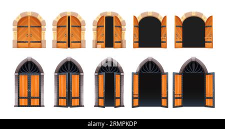 Animazione del castello dei cartoni animati con cancello aperto o movimento della porta. Palazzo medievale vettoriale o ingresso casa arco in legno animano il foglio di sprite di apertura e chiusura, o Illustrazione Vettoriale