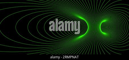 Struttura a reticolo con foro elicoidale. Profilo geometrico neon sfondo tunnel griglia. Imbuto 3D o struttura a vortice. Linee energetiche astratte verdi su sfondo scuro. Sfondo con illustrazione vettoriale. Illustrazione Vettoriale