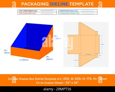 Modello linea piastra scatola espositore da banco in cartone L 250XW 200xH1 170xH2 50 mm Illustrazione Vettoriale