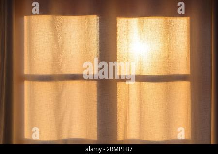 Uno spazio luminoso e arioso illuminato dalla luce del sole dorata che scorre attraverso una tenda trasparente Foto Stock