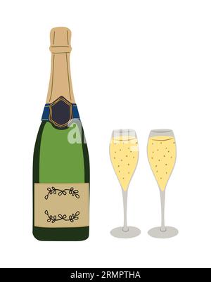 Bottiglia di champagne con bicchieri Vector su bianco. Illustrazione Vettoriale