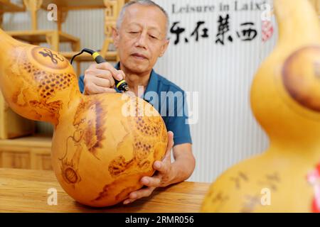 Un artigiano espone le sue opere d'arte della zucca nella città di Laixi, nella provincia dello Shandong della Cina orientale, il 27 agosto 2023. Foto Stock