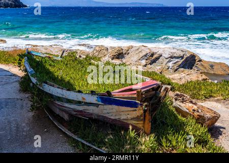 Una piccola barca di legno rotta coperta di fogliame sulla riva dell'oceano Foto Stock