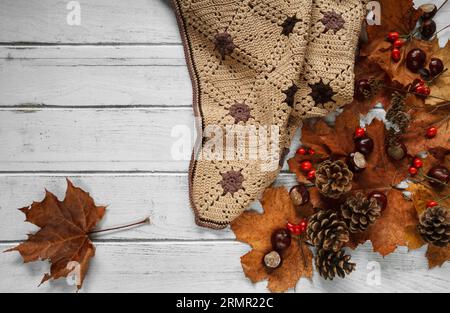 Coperta calda e accogliente, con foglie autunnali, coni e castagne. Composizione di posa piatta su tavolo in legno bianco, con spazio per copie. Foto Stock