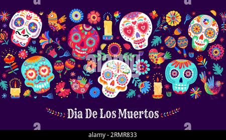 Dia De Los Muertos, vacanza messicana. Banner Day of the Dead con motivo vettoriale di teschi di zucchero di Halloween in Messico, candele e fiori, maracas e alebe Illustrazione Vettoriale